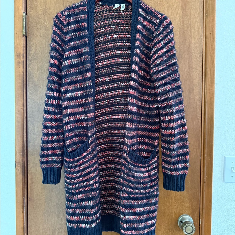 Anthropologie Maeve Blue and Pink Striped Cardigan Knit Sweater